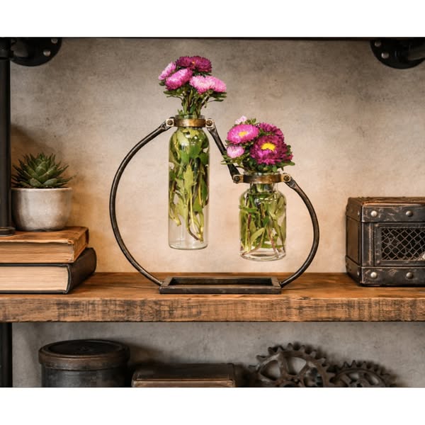 Duo Of Bottle Vases In Metal Holder