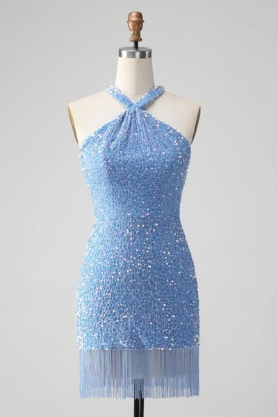 Sequins Halter Tassel Short Mini Homecoming Dress | HC0128 Custom Color-US24W