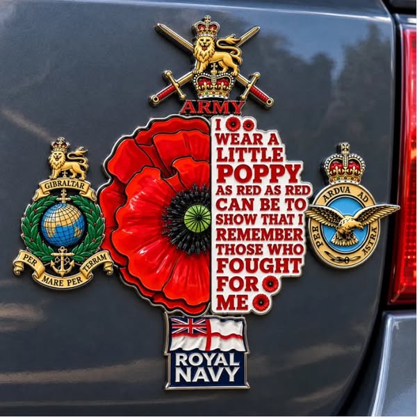 British Armed Forces “Lest We Forget” Remembrance Poppy Tribute Metal Car Emblem | 7–8-Inch 3D Metal Design with Raised Military-Inspired