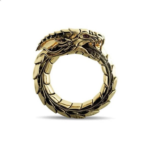 Norse Jormungandr Dragon Ring & Necklace - Handcrafted 925 Sterling Silver, Rhodium Plated, Red CZ Eyes