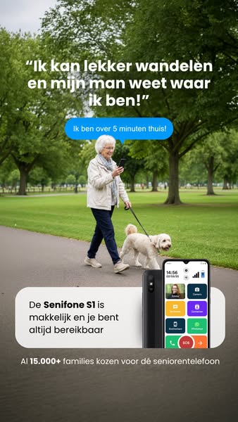 Oma gaat elke dag wandelen. We weten dat ze bereikbaar is.