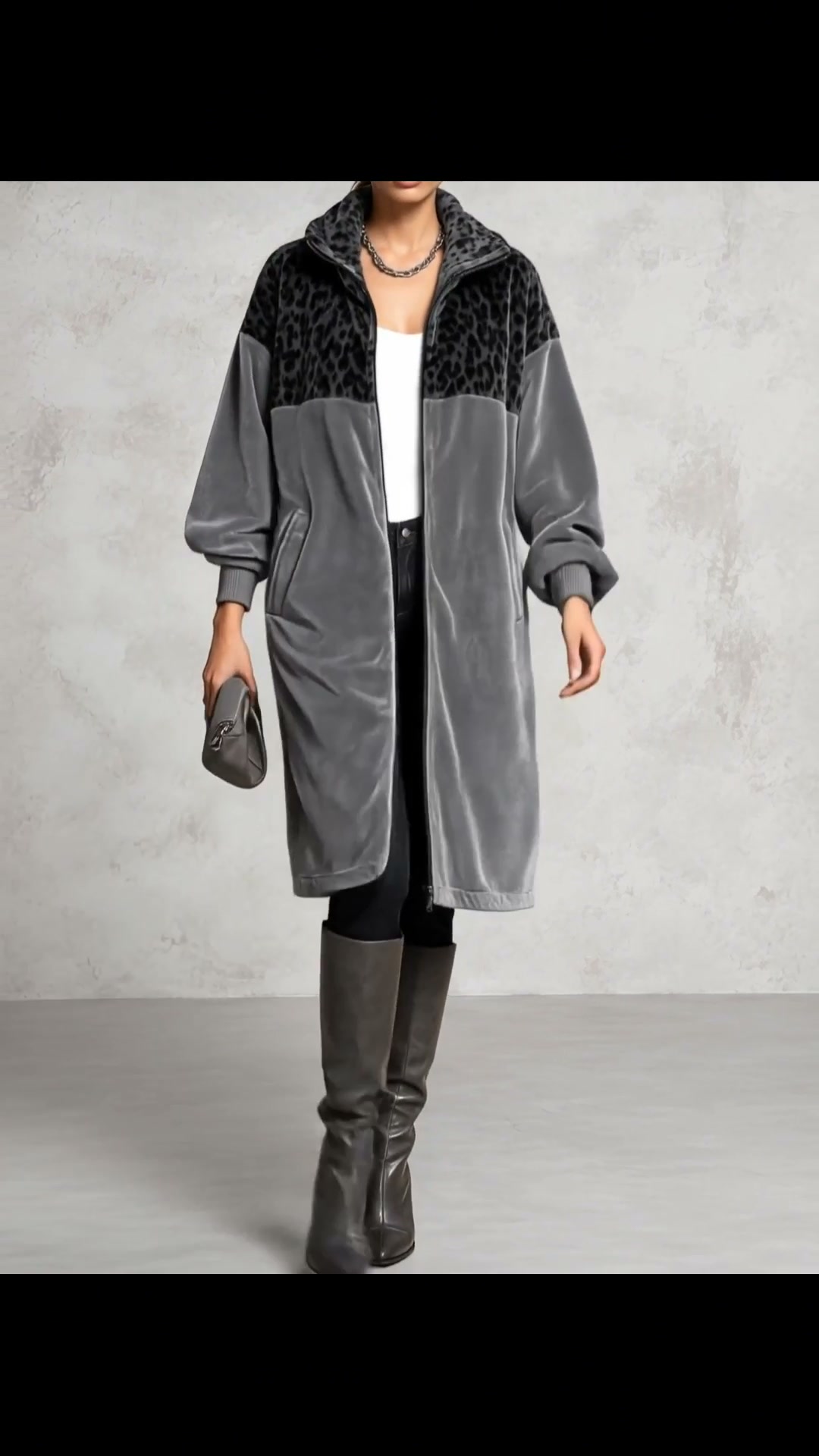 Leopard Patchwork Velvet Zip‑Up Long Oversized Coat | 10% OFF