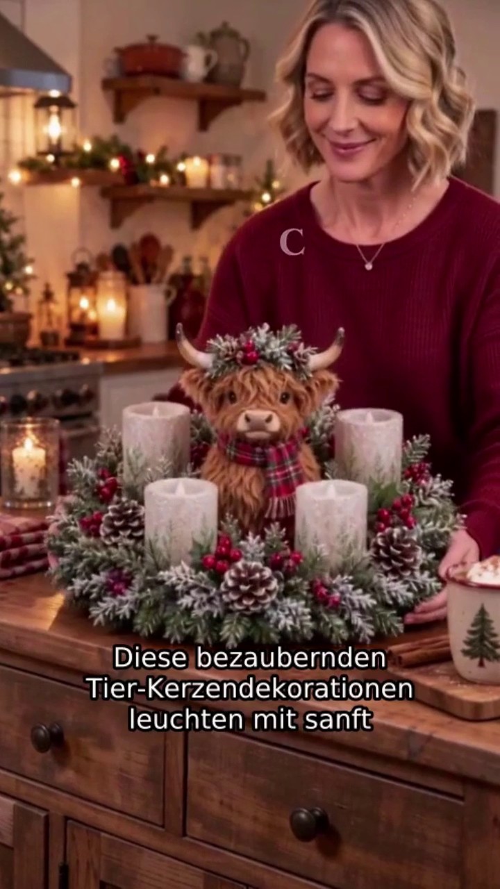 Beleuchtetes Weihnachtsgesteck – Highland Cow, Kerzenschein & Winterzauber