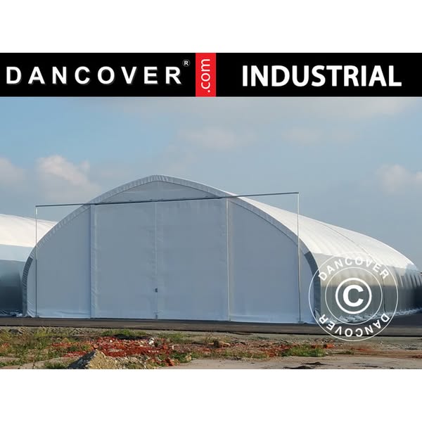 Storage shelter, arched tent 9x15x4.42 m w/sliding gate, PVC, White/Grey