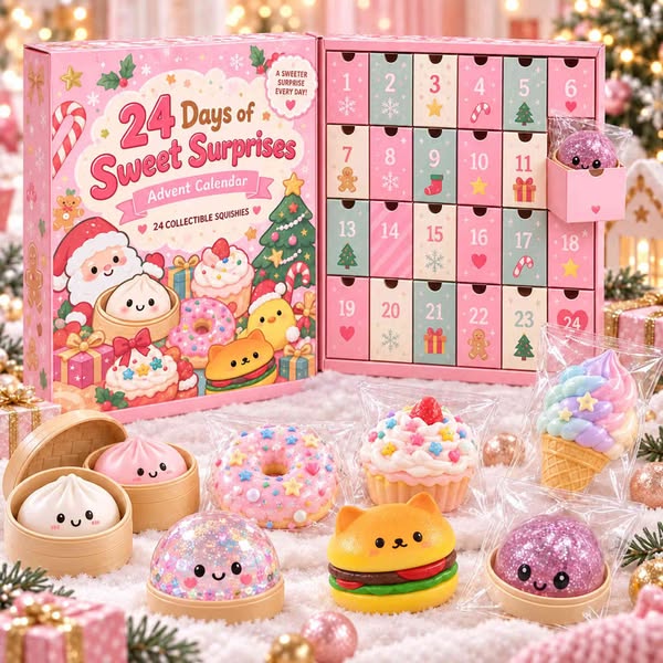 24-Day Christmas Squishy Advent Calendar, 24 Random Dessert Mystery Squishies, Cute Collectible Countdown Toys, Holiday Gift for Girls, Kids