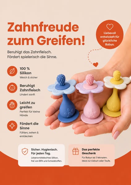 BlütenBeißring mit Saugnapf – Sanfte Zahnungshilfe für Babys