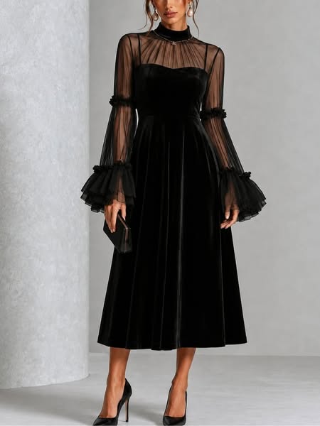 Robe midi en velours noir et tulle plissé transparent