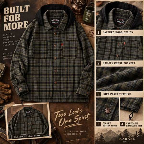 Convertible Plaid Work Shirt with Detachable Hood