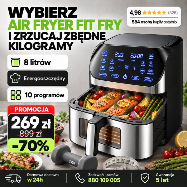MEGA PROMOCJA TAIA FIT FRY Frytkownica beztłuszczowa 8 L 1800W okno podglądu panel LED i szybkie fit obiady