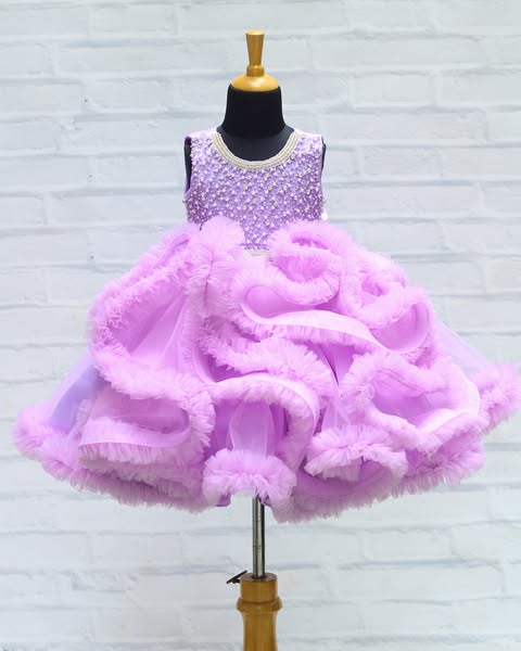 Light Lavender Netted Frilled Fluffy Gown with White Crystal and Beads Work