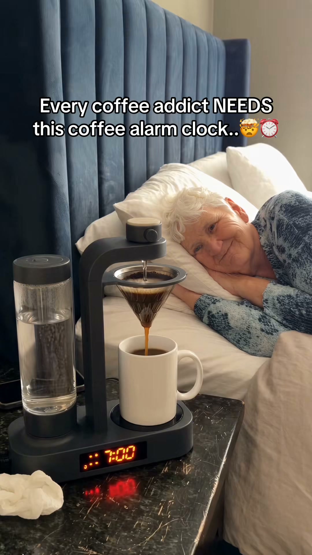 2-in-1 Alarm Clock & Drip Coffee Maker, Programmable Auto Brew, Strength Adjustable, Reusable Filter, Compact for Bedroom & Office
