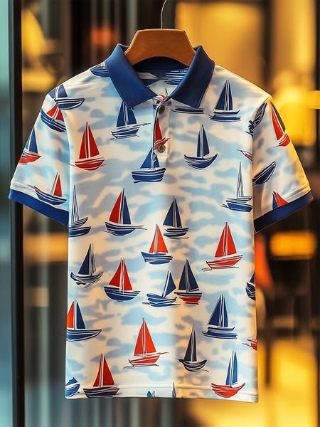 Men's Casual Business Sailing Print Button Short Sleeve Polo Shirt