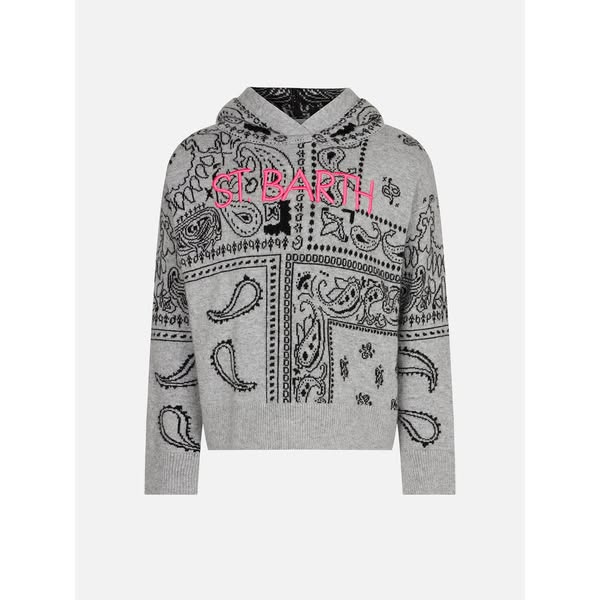 Grey Meg Crop Jr knit hoodie with bandanna print