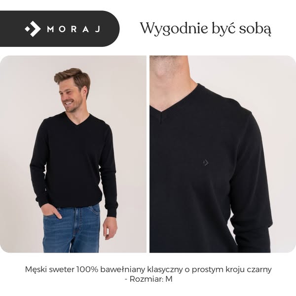 Męski sweter 100% bawełniany klasyczny o prostym kroju czarny - Rozmiar: M