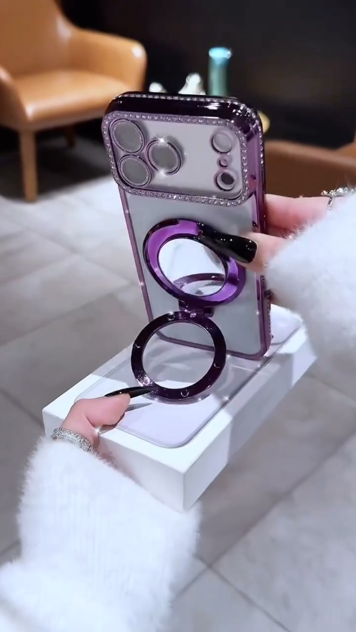 Sparkling Diamond Women's Phone Case with Mirror & Stand for iPhone 12/13/14/15/16/17 Pro Max,17Air,14/15/16 Plus