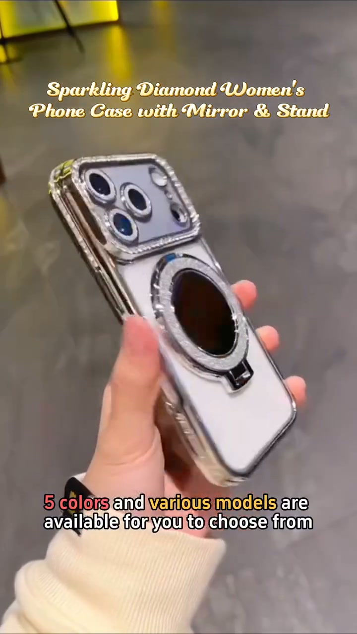 Sparkling Diamond Women's Phone Case with Mirror & Stand for iPhone 12/13/14/15/16/17 Pro Max,17Air,14/15/16 Plus