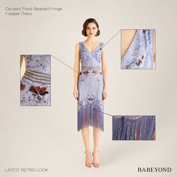 Opulent Floral Beaded Fringe Flapper Dress