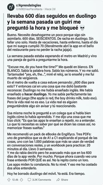 Duolingo no te enseña inglés. Te enseña a volver mañana.