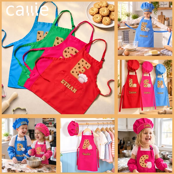 Personalized Cookie Initial Kid Baking Apron Chef Hat Set with Name and Pocket Kitchen Accessory Daily Use Birthday Gift for Children
