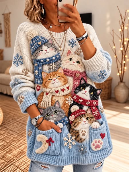 Cardigan d’hiver à motifs animaux et détails bleus