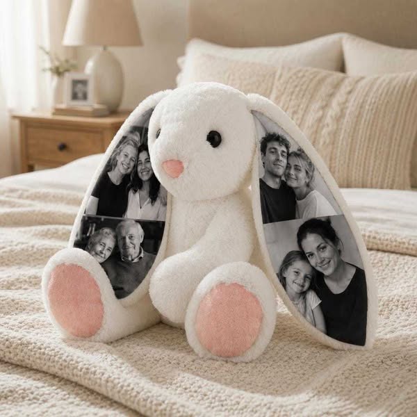 Coelho de pelúcia personalizado com 1 a 4 fotos, coelho macio com orelhas escondidas, presente ideal para relacionamentos à distância, anive