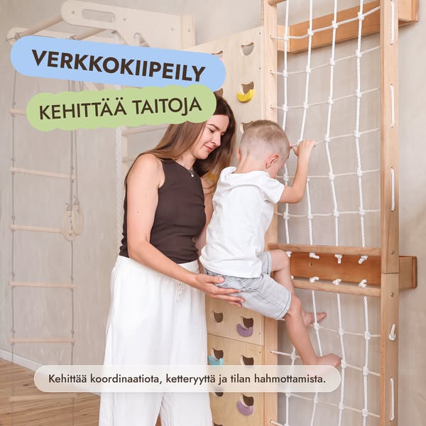 7-in-1 Kiipeilyseinä lapsille: puolapuut, kiipeilyverkko & 3in1 keinusetti