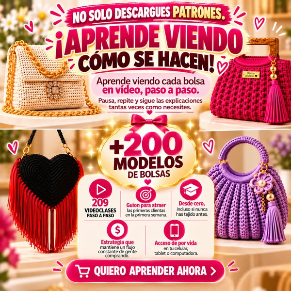 ¡Olvídate de los patrones difíciles! Aprende a crear +200 bolsas de crochet en vídeo.