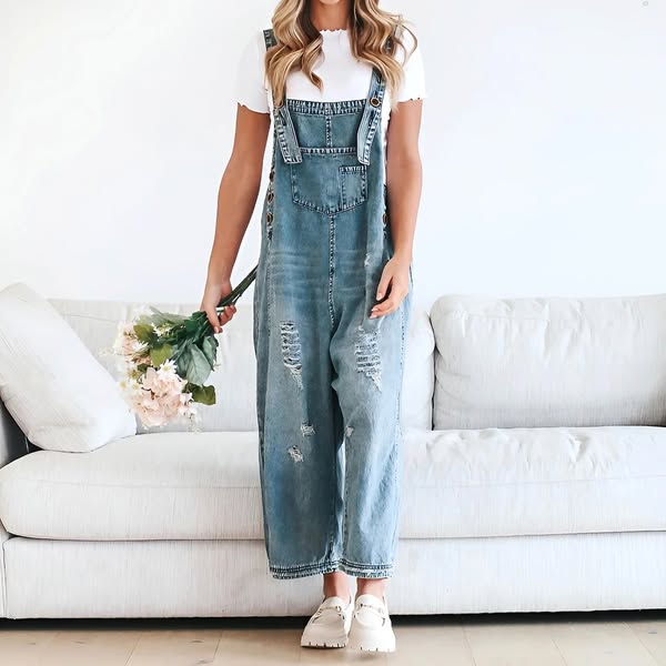 Loose Fit Distressed Denim Overalls