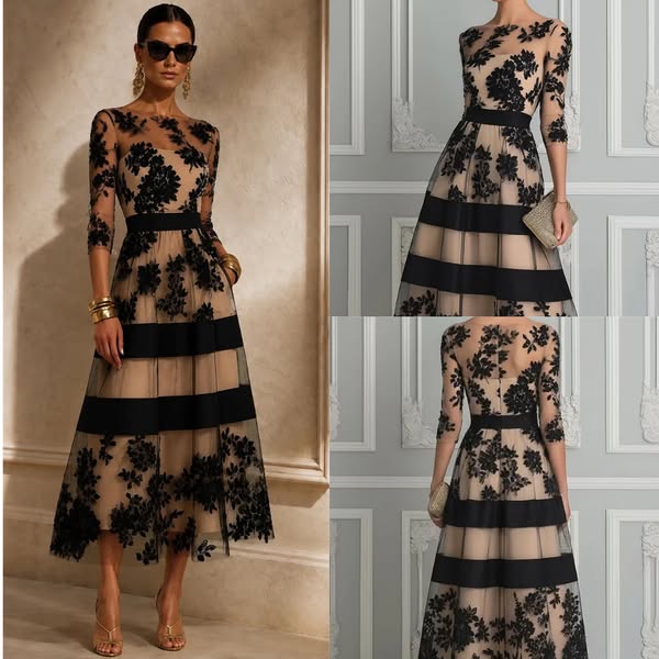 Vestido Midi Elegante de Encaje Negro