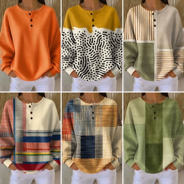 Inge™ | Langærmet Vaffelbluse med Knapper