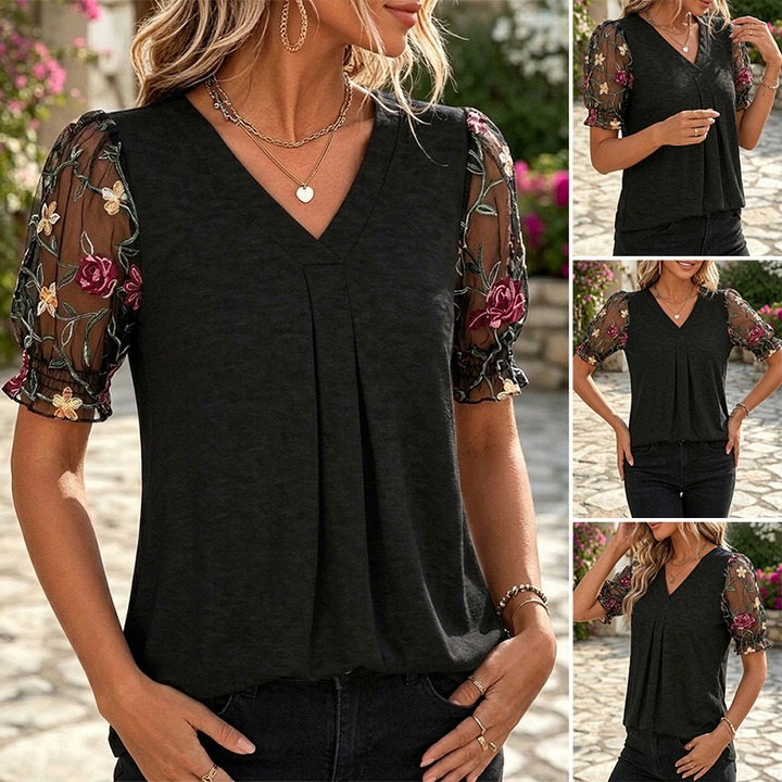 Puff Sleeve Mesh Patchwork T-Shirt