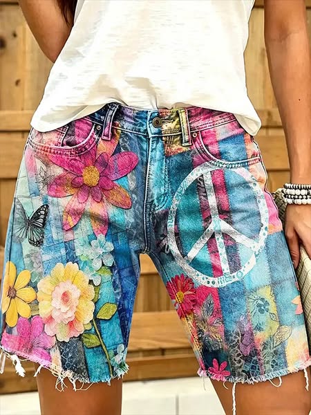Women's Peace Sign Colorful Flower Striped Print Casual Shorts
