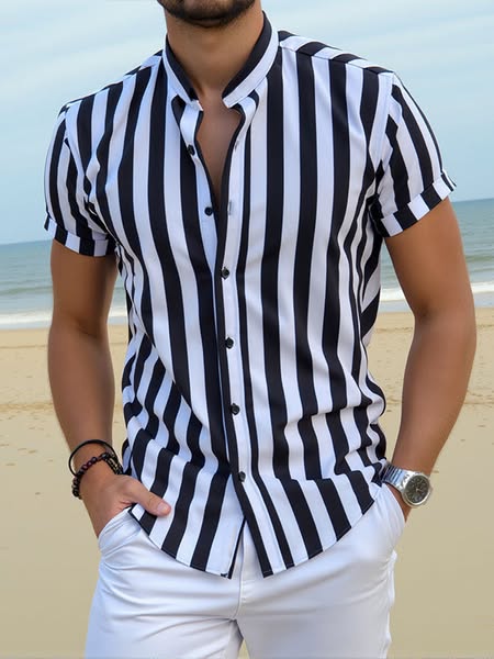 Mens Vintage Stand-up collar Short Sleeve Striped Shirts SKUG77758