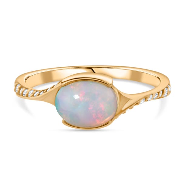 €59.99 | Natürlicher, äthiopischer Welo Opal, Weißer Zirkon Ring 925 Silber vergoldet (Größe 21.00) ca. 0,99 ct