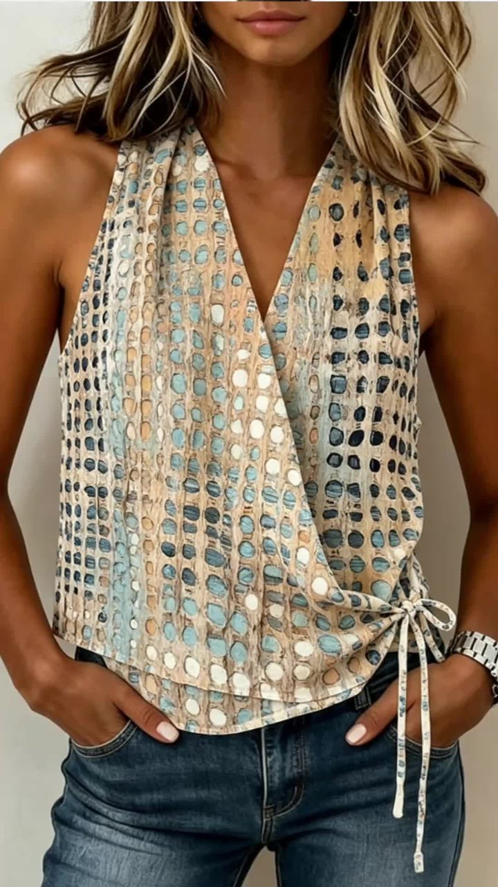 V-Neck Cross Halter Polka Dot Sleeveless Blouse