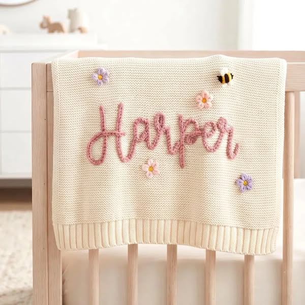 Personalized Knit Baby Blanket with Yarn Embroidered Name & Flowers Be
