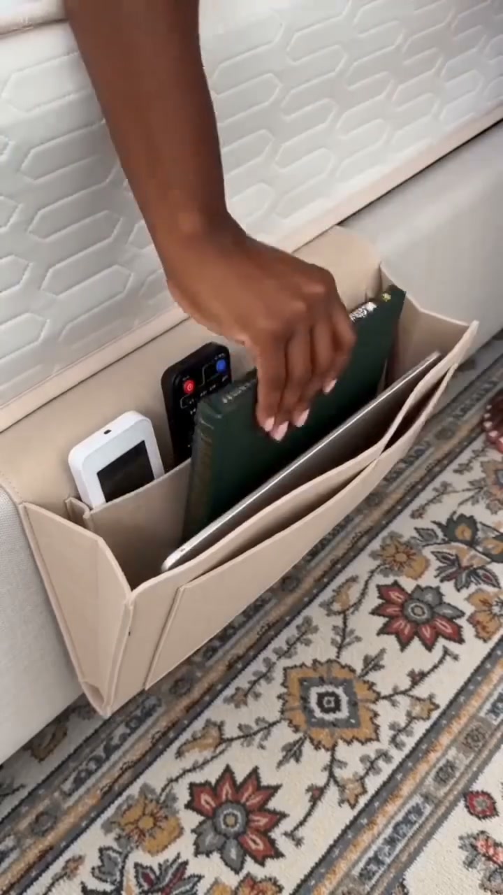 Bedside Hanging Organizer — Space-Saving Bedside Storage Bag for Phones, Remotes, Books, Glasses & Everyday Essentials