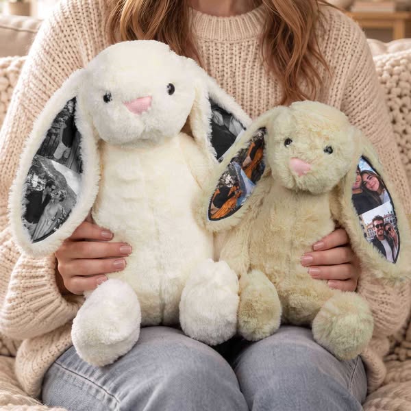 Coelho de pelúcia personalizado com 1 a 4 fotos, coelho macio com orelhas escondidas, presente ideal para relacionamentos à distância, anive