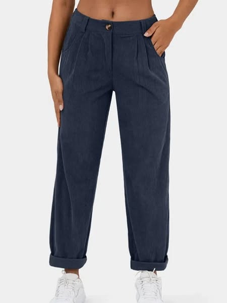 Corduroy Relaxed Straight Pants Retro Casual Navy-2XL