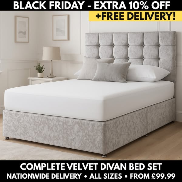 Complete Velvet Divan Bed Set | Sale Price £99.99