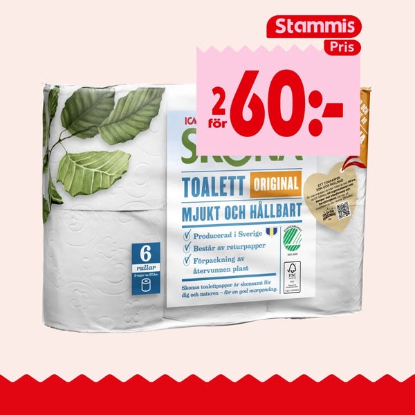 Toalettpapper Original 6-p Miljömärkt ICA Skona