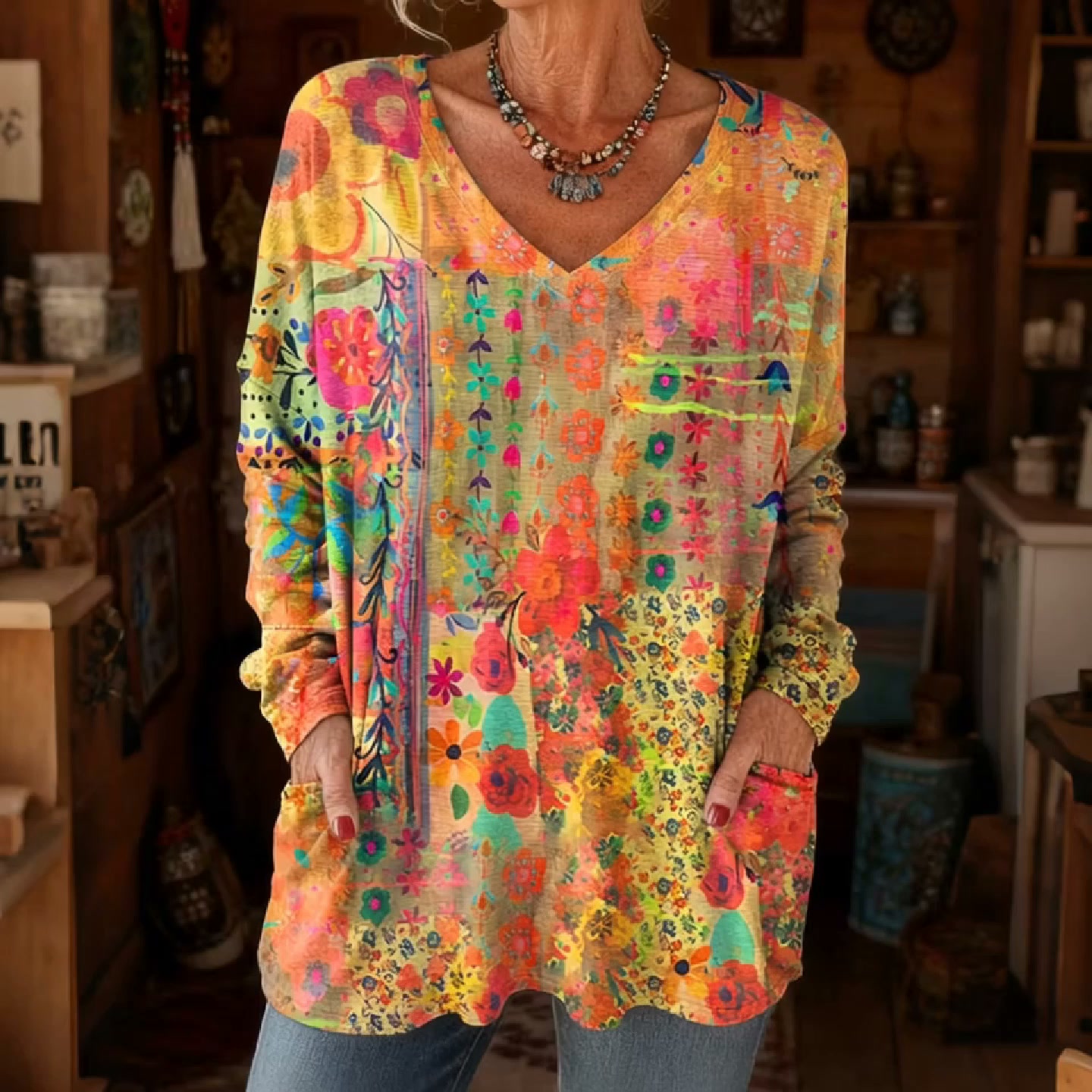 V-neck floral knit tunic
