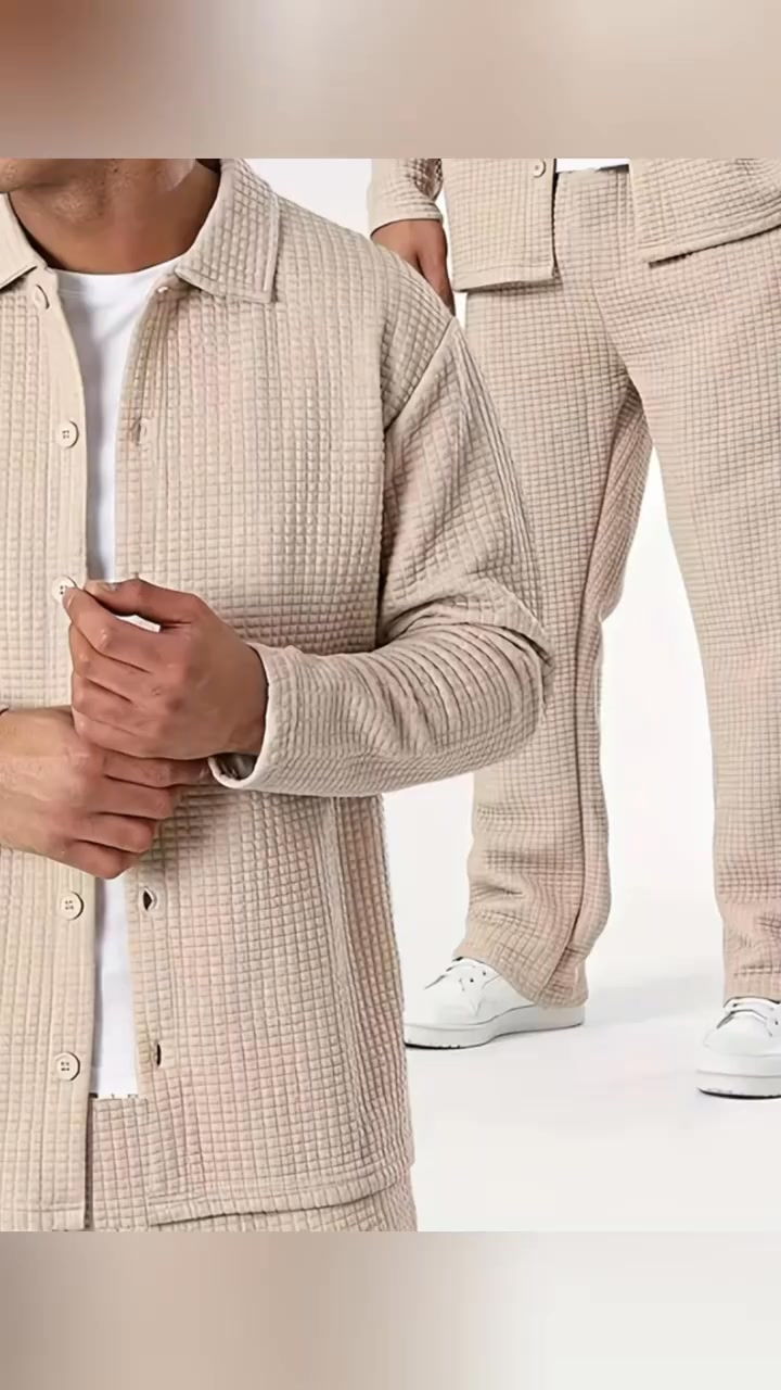 KZZ Men's Casual Outdoor Solid Color Long Sleeve Shirt and Pants Set