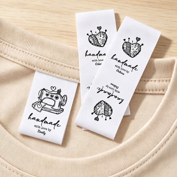 Custom Name Heart Pincushion/Scissors/Yarn Ball Design Cotton Sewing Labels (Set of 50), Handmade Fabric Name Tags, Gifts for Knitters/Craft