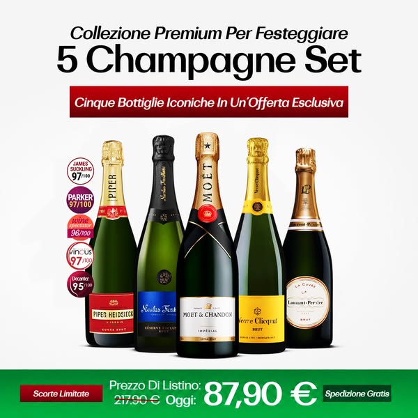 5x750ml: Veuve Clicquot Brut, Moët Impérial, Bollinger Special Cuvée, Mumm Cordon Rouge e Ruinart Brut