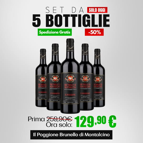 Set da 5 bottiglie di vino rosso: Il Poggione Brunello di Montalcino, 5 × 750 ml
