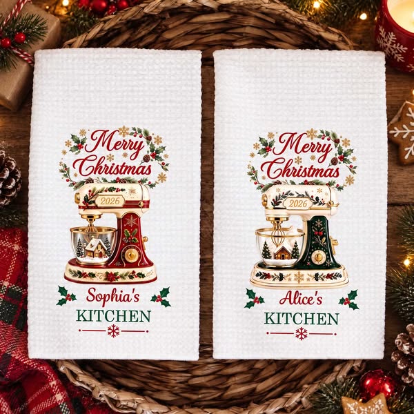 Merry Christmas Baking Mixer Tea Towel, Custom Name, Soft Waffle Kitchen Towel, Christmas Gift for Bakers