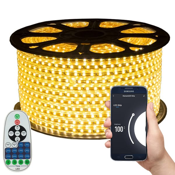 LED Strip Warm wit - 35 meter in een ROL - 220V - 5050 SMD - 60L/M - IP65 - Met Wi-Fi App + IR 23 knops afstandsbediening