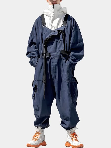 Vintage All Season Multicolor block Cotton Natural Micro-Elasticity Going Out Loose Long Bib Pants for Men