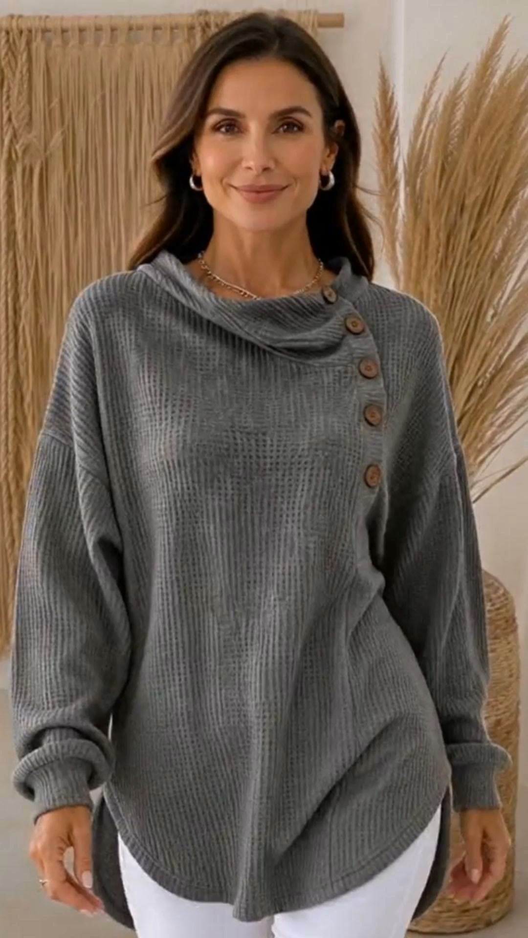 Waffle Knit Cowl Neck Button Top